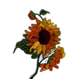 Sunflower iron-on patch with embroidered dark center and green leaves