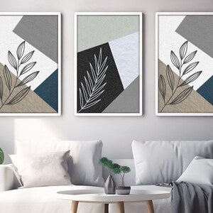 Set of 3 framed botanical leaf wall art prints with pastel minimal designs
