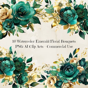 Watercolor emerald and mint flower bouquets clipart, teal rose floral bunches