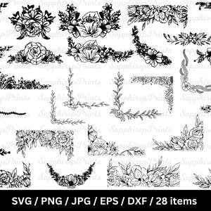 Floral corner and border SVG cut file set with black line art flower designs