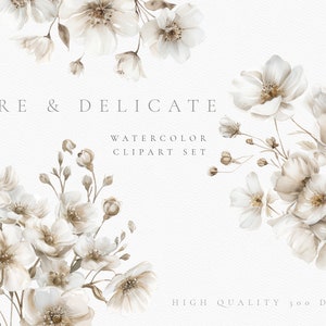 White watercolor flower clipart bundle with delicate blossoms and sprigs, arranged wreath-style