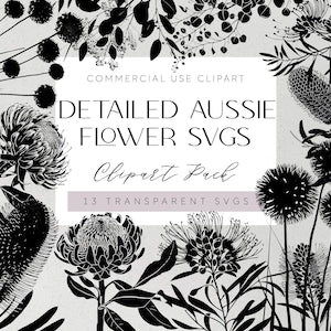 Native flower SVG clipart set with black and white banksia and botanical florals