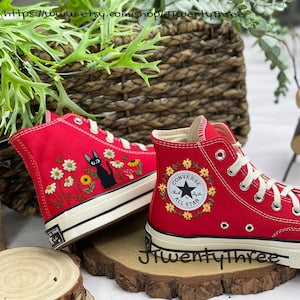 Black Cat Anime Converse, Jiji Cat Embroidered Converse, Daisy Flower Embroidered Converse , Converse Embroidered Converse Ghibli Cartoon