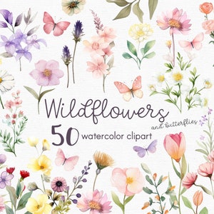 Watercolor wildflower clipart set with mixed blooms and butterflies, 50 pieces