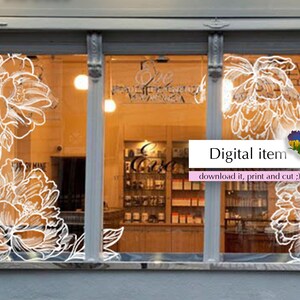 White peony flower vinyl window decals, layered floral design on glass