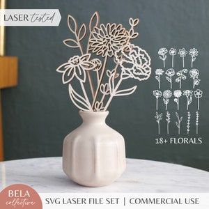 Laser-cut birth month flower SVG bouquet designs, thin-line floral stems and blossoms set