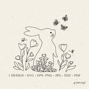 Rabbit floral plotter design with butterflies and wildflowers, line art silhouette.