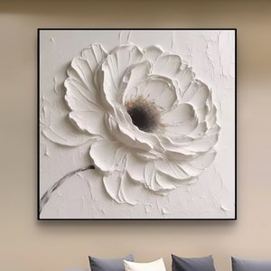 White 3D floral textured wall art painting with raised flower relief design