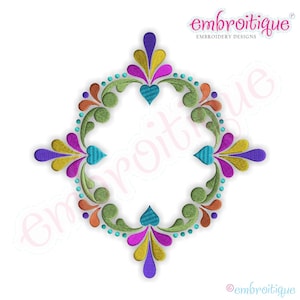Ornate oval embroidery frame design with purple flowers, blue accents, and decorative border