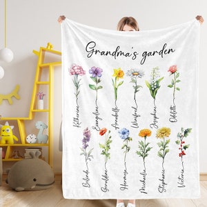 Personalized birthday flower blanket with colorful floral stems and script names