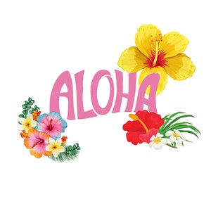 Aloha flower graphic with pink ALOHA text and colorful tropical flowers