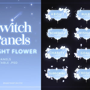 Light flower Twitch panel set with sparkling sky-blue menu labels on dark background