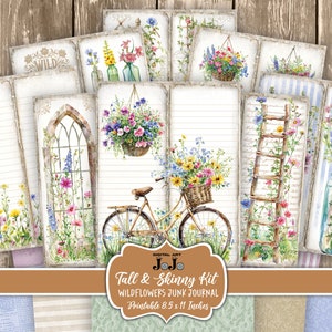 Tall & skinny floral junk journal printables, collage pages with wildflowers and bicycle