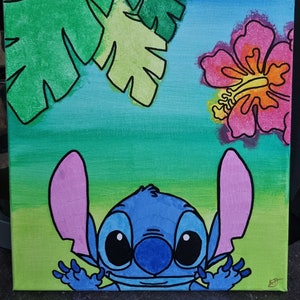 Stitch wall canvas with stitched cartoon character, vibrant blue, square wall art
