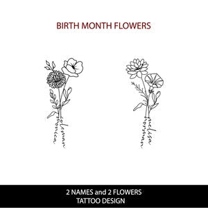 Personalizable birth month flower tattoo design with two floral stems and cursive names