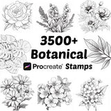 Botanical stamp set with 3500+ flower and leaf line art designs for Procreate