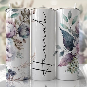 20oz floral tumbler wrap with botanical leaves and flowers design panel