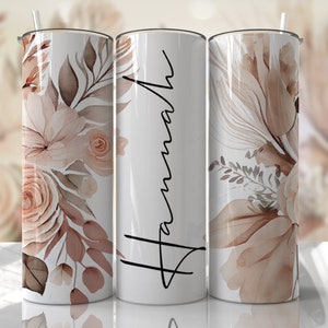 20oz tumbler wrap design with beige and pink floral roses, leaves, and botanical accents