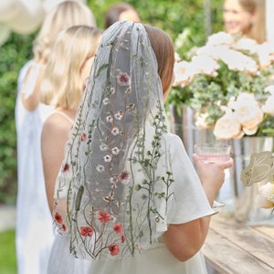 Floral embroidered bridal veil with sheer white base and delicate flower motifs