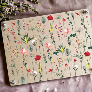 Flower press kit with botanical print panels and silver hardware for drying flowers