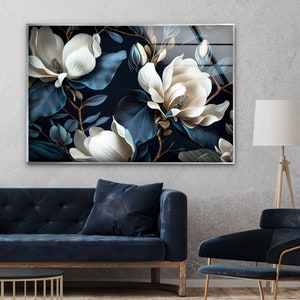 Tempered Glass Art-Glass Printing Art-Tempered Glass Wall Art-Glass Wall Decor-Floral Decor-Blue Flower Wall Art-White Floral Wall Art
