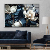 Tempered Glass Art-Glass Printing Art-Tempered Glass Wall Art-Glass Wall Decor-Floral Decor-Blue Flower Wall Art-White Floral Wall Art