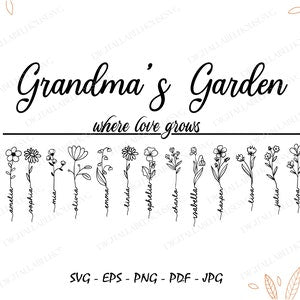Grandma's Garden typography SVG with “Where Love Grows” text and line-art flowers
