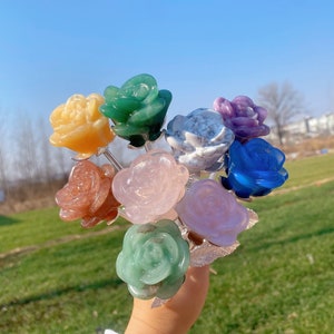 Hand-carved natural quartz rose crystal flower ornament, multicolor petal shapes