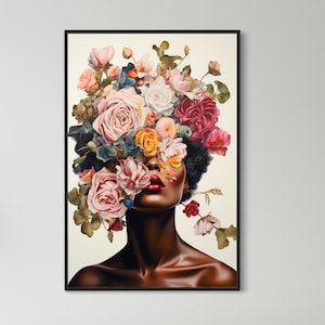 Framed canvas print of a woman with roses and flowers in her hair, black frame