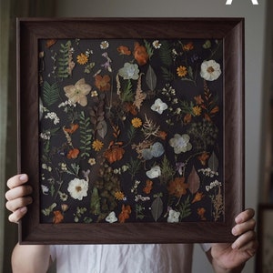 Wooden framed pressed flower botanical collage with dark background and white blooms