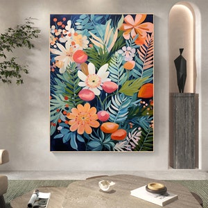 Colorful abstract floral oil painting on canvas, framed square artwork with leaves and blooms