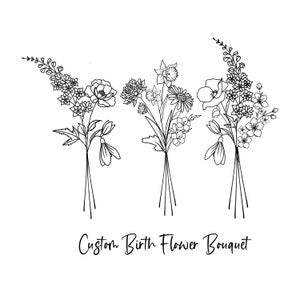 Minimalist birth flower line art print with three vase bouquets, thin black outlines