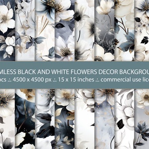 Floral digital paper background set with black and white flowers and leaves, seamless
