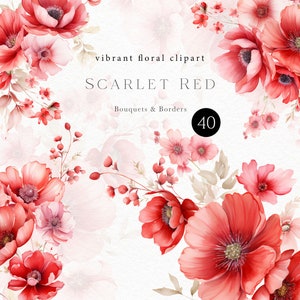 Watercolor red and blush flower clipart with peonies, poppies, and floral elements
