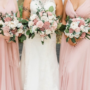 Blush pink and dusty rose sola wood flower bouquets with green leaves, wedding set