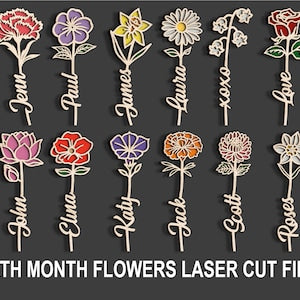 Two-layer laser cut birth month flower name designs, assorted floral shapes with text