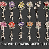 Birth Month Flowers 2-Layered Laser Cut Files, Laser Cut Out Art Valentine Day Wood Personalized Flower With Name Cut Files Digital Download