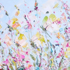 Textured floral oil wall art with yellow, pink, and green flowers over light background