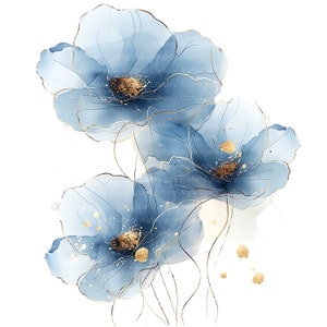 Abstract watercolor flowers clipart, blue layered petals with gold centers
