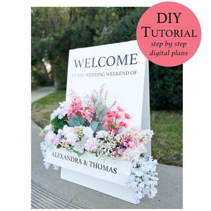 Downloadable DIY flower box welcome sign tutorial with floral welcome card design