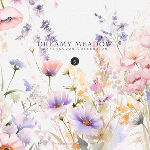 Watercolor wildflower border with light pink and purple meadow flowers, soft floral cluster