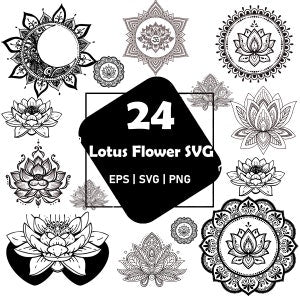Black-and-white lotus flower line art clipart and mandala silhouettes, bundle
