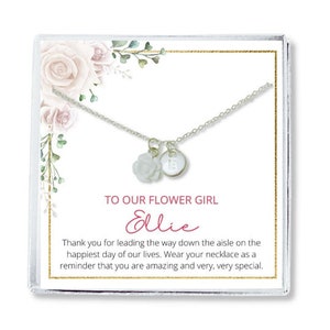 Silver flower charm initial necklace with round pendant on a chain, gift card included