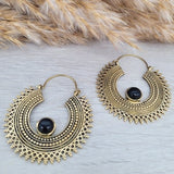 Large brass black tourmaline earrings / Hoops / Mandala / Detailed gold earrings / Flower / Bohemian / Crystal / Statement / Goth / Gothic