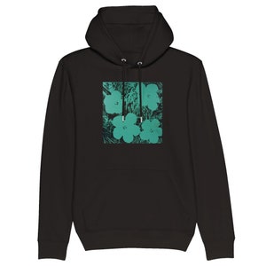 Black unisex pullover hoodie with teal flower graphic, hood and front pocket