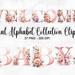 Pink floral alphabet clipart letters with watercolor roses and soft botanical accents
