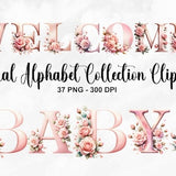 Watercolor Floral Alphabet Collection Clipart, 37 PNG Pink Alphabet Clipart, Baby Milestone Clipart, Pink Flowers Bundle, Commercial Use
