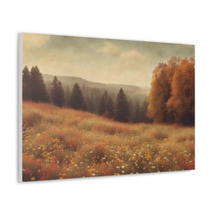 Autumn wildflower canvas wall art with golden field and tree-lined hills