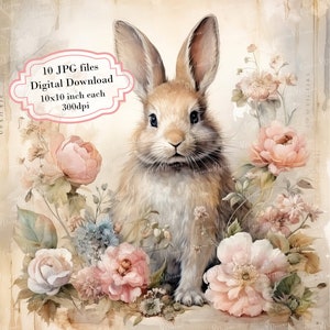 Watercolor rabbit clipart with pastel pink and peach flowers, soft botanical background