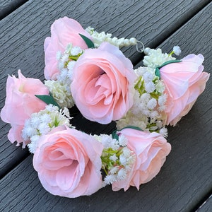 Pink rose and baby's-breath flower bracelet, adjustable ribbon tie